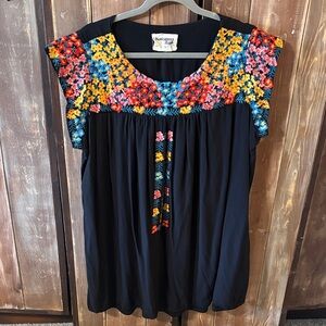 Savannah Women's Black dress/bathing suit coverup/tunic Multicolor Embroidery